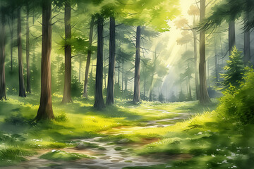 Watercolor illustration of a peaceful forest scene, with tall trees, dappled sunlight, and a gentle stream running through, Generative AI