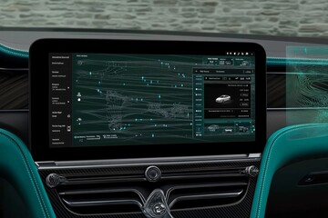 Futuristic car dashboard with advanced digital display and user interface elements.