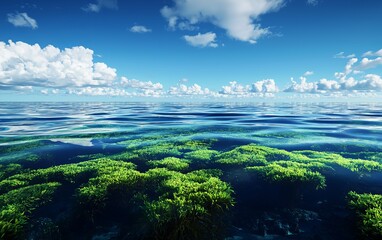 Fototapeta premium Vibrant underwater scene showcasing lush green seagrass beneath a clear blue sky and calm ocean waves.