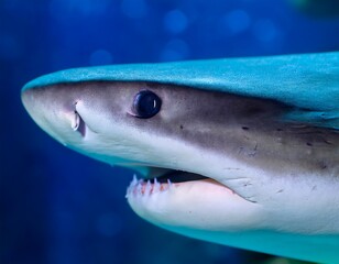 Naklejka premium Close-up view of a shark's eye and mouth, highlighting its sharp teeth and powerful gaze. The detailed focus captures the predator's intense expression, emphasizing the shark's dominance in the ocean.