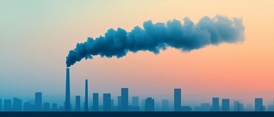 Fototapeta premium Industrial skyline silhouetted against a colorful sunset, showcasing smoke billowing from chimneys, symbolizing pollution and urbanization.