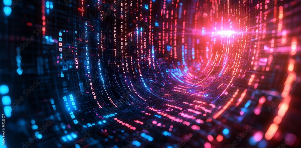 Poster abstract digital tunnel with glowing red and blue binary code.