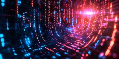 Fototapeta premium Abstract digital tunnel with glowing red and blue binary code.