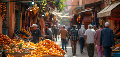 Naklejka premium A bustling street market in a city filled with bright colors, exotic scents and friendly faces.