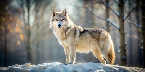 Obraz premium Majestic alpha wolf standing in its natural habitat, wolf, alpha, predator, wildlife, animal, nature, forest, pack