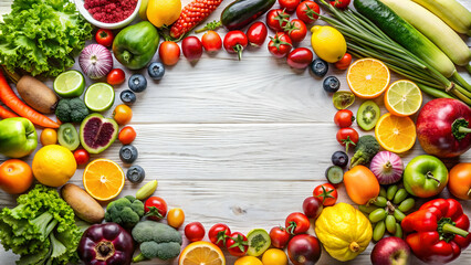 Circle diagram with various vegetarian fruits and vegetables arranged in a flat lay style for a nutrition diet concept