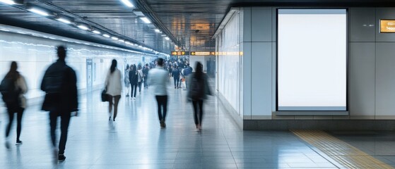 Blank advertising mockup at a busy metro station showcasing the perfect space for impactful marketing campaigns with commuters and sleek infrastructure