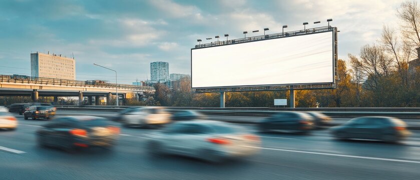 Blank advertising mockup on a highway billboard with cars speeding past creating a dynamic setting for large-scale advertisements