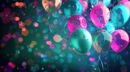 Vibrant Neon Birthday Celebration Background with Colorful Balloons and Confetti