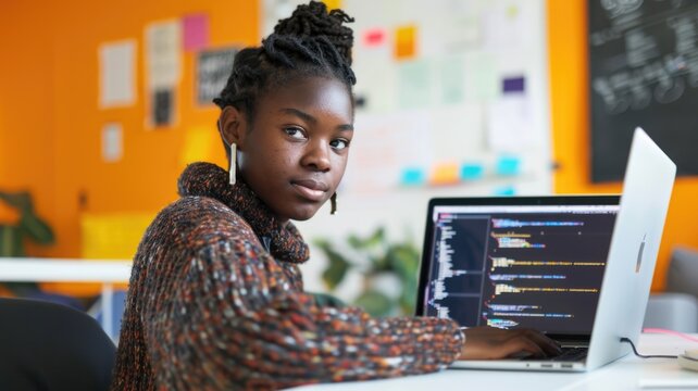 Focused teen coding on laptop , surrounded by notebooks and modern technology