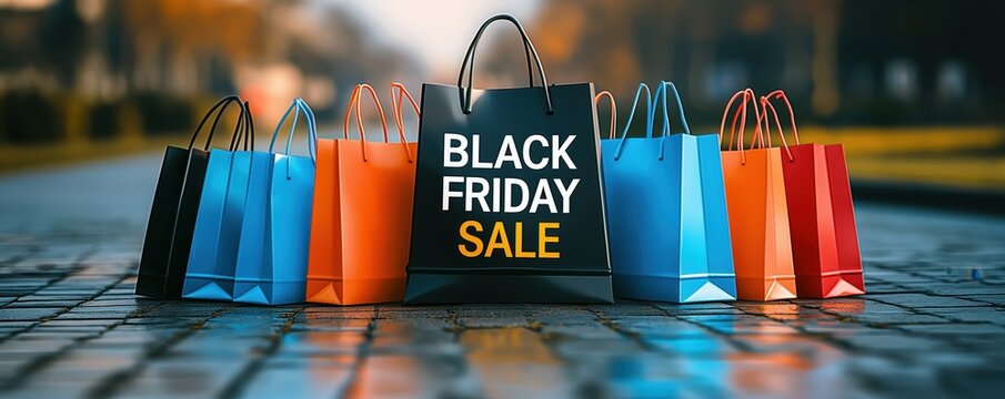 Colorful shopping bags highlighting a Black Friday sale.