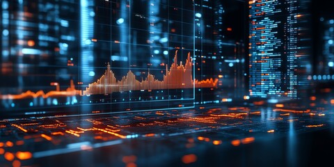 Obraz premium Abstract futuristic technology background with glowing lines, digital data, and a graph on a screen.