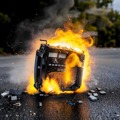 Burning old radio on the asphalt. The concept of bad news.