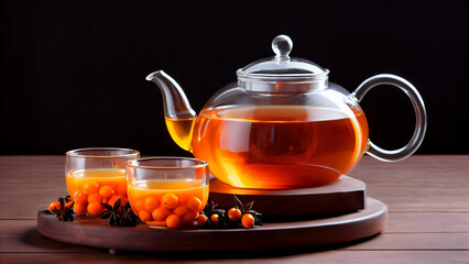Autumn Still Life with Glass Teapot and Amber Herbal Tea: A Cozy Tea Set Featuring a Transparent Teapot Filled with Aromatic Fruit-Infused Tea, Glass Cups on a White Tray