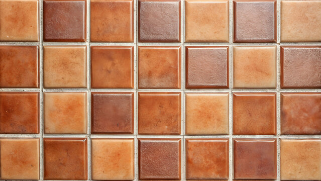 Top view of non-slip terracotta effect ceramic floor tiles in reddish, brown, and beige colors , terrace, porch, exterior