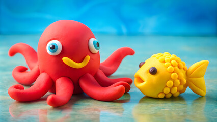 Playdough sea animals red octopus and yellow fish , playdough, sea creatures, ocean, underwater, animals, red, yellow