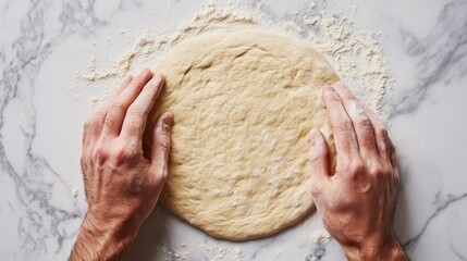 A pair of hands shaping pizza dough into a perfect circle on a marble countertop, flour lightly covering the surface