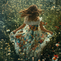 Back view of a girl running in a field of wildflowers wearing a floral dress