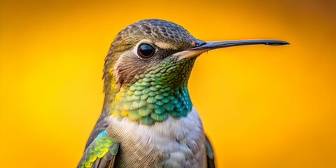Fototapeta premium Close-up frontal view of a hummingbird on a yellow background, hummingbird, bird, close-up, colorful, vibrant, wildlife, nature