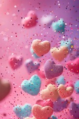 Playful Valentine's Day Abstract Background with Floating Candy Hearts and Glitter