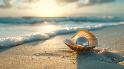 Orange Seashell With Pearl on the Shoreline Bathed in Sunset Light