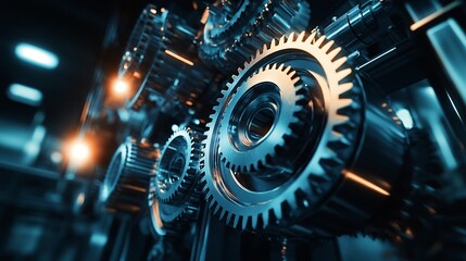 Fototapeta premium Mechanisms of Control: Abstract Regulation Concept with Interlocking Gears and Levers in Industrial Setting under Focused Spotlights