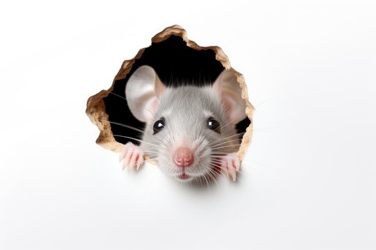 A mouse has gnawed a hole in a white wall and is peering out. A cute rodent looks out of the hole with curiosity.