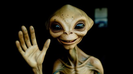 Close-Up of a Realistic Alien Model Waving Hello