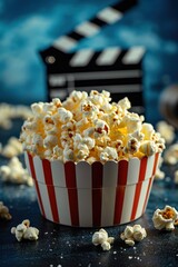 Freshly Popped Popcorn in a Classic Red and White Stripe Cup With a Movie Clapperboard in the Background