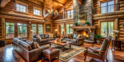 Fototapeta premium Staged log home interior photography with cozy furnishings and rustic decor , log cabin, cozy, rustic