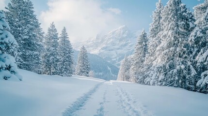 A Swiss Alps winter hiking trail, with snow-covered trees and towering mountains in the distance, offering a peaceful outdoor adventure scene.
