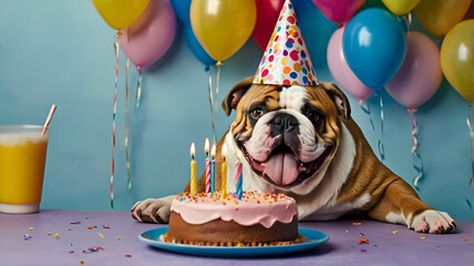 Cute Happy English Bulldog Celebrating at a birthday party with birthday cake isolated on a background . Dog Birthday Celebration Concept 