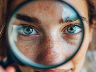 Beautiful woman face close-up with magnifying glass. Search, research, interest, study.