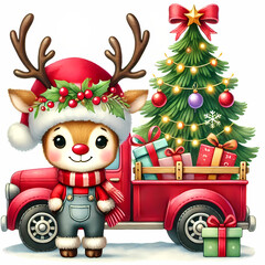 A cute Christmas deer in a Santa hat beams next to a decorated Christmas tree. Gifts wrapped in cheerful colors adorn the scene. Ideal for festive holiday content and cheer.