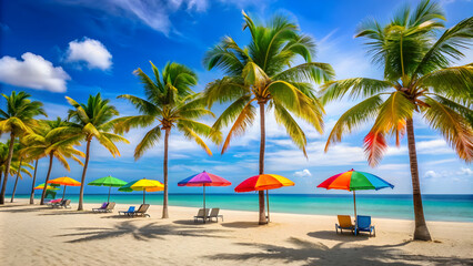 Vibrant summer featuring a beach scene with palm trees, a clear blue sky, and colorful beach umbrellas, summer,beach