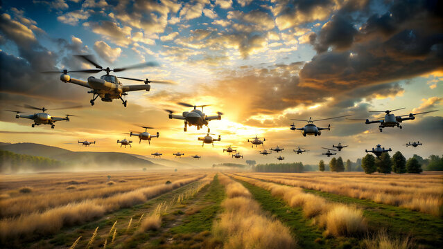 A squadron of FPV drones flying over a battlefield , FPV, drones, squadron, military, technology, surveillance, aerial