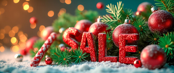 A vibrant display of red ornaments and pine branches highlights a festive sale, creating a lively atmosphere filled with holiday cheer and warmth