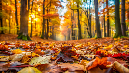 Forest floor covered in colorful autumn leaves, with selective focus on a few leaves, fall, foliage, seasonal, ground