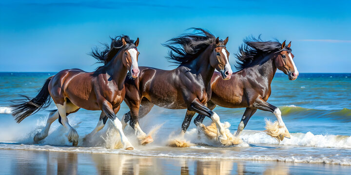Beautiful Shire horses galloping on beach with blue sea in background, Shire, horses, beach, gallop, sand, blue sea, majestic