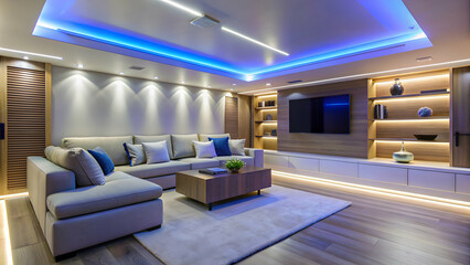 Soothing modern basement with LED strips for relaxation , basement, modern, LED strips, serene, inviting, unwind