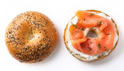 A delicious homemade new york city jewish deli style poppy sesame seed bagel with cream cheese and lox or smoked fish both halves ready to eat isolated on white background with copy space