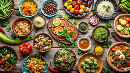 Fototapeta premium Fresh and colorful natural food dishes from various cuisines, fresh, colorful, natural, food, dishes, cuisine