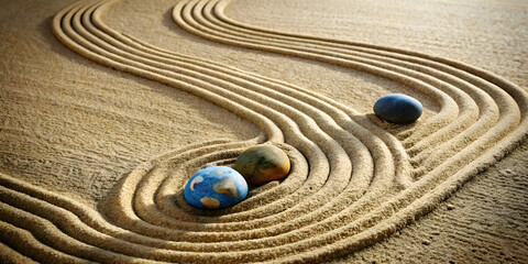 Naklejka premium Sand canvas with serpentine river of stones showing earth's artistry , sand, canvas, river, stones, earth, artistry
