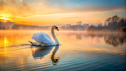 Beautiful swan gracefully swimming on tranquil lake at sunrise, swan, graceful, bird, white, feathers, water, reflection