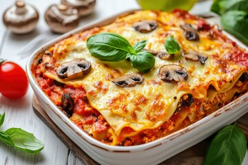 Italian lasagna casserole with firm tofu, mushrooms, tomato sauce baked on the oven, served on a baking dish with fresh basil on a white wooden background, close-up , ai