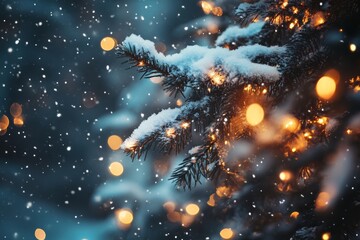 Softly falling snow graces pine branches while warm lights glow amidst a tranquil winter backdrop in a peaceful evening scene