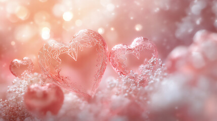 Obraz premium Delicate Glass Hearts in a Soft Pink Dreamscape