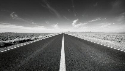 Black and white style road an empty towards the horizon Both sides of the road are natural