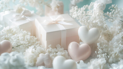 Elegant White Gift Box Surrounded by Soft Hearts and Flowers