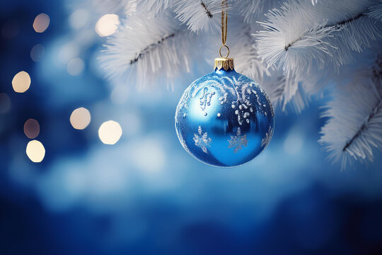 Ilustration of shiny blue holiday bauble on christmas tree in magical dcember theme with copy space for season greetings.